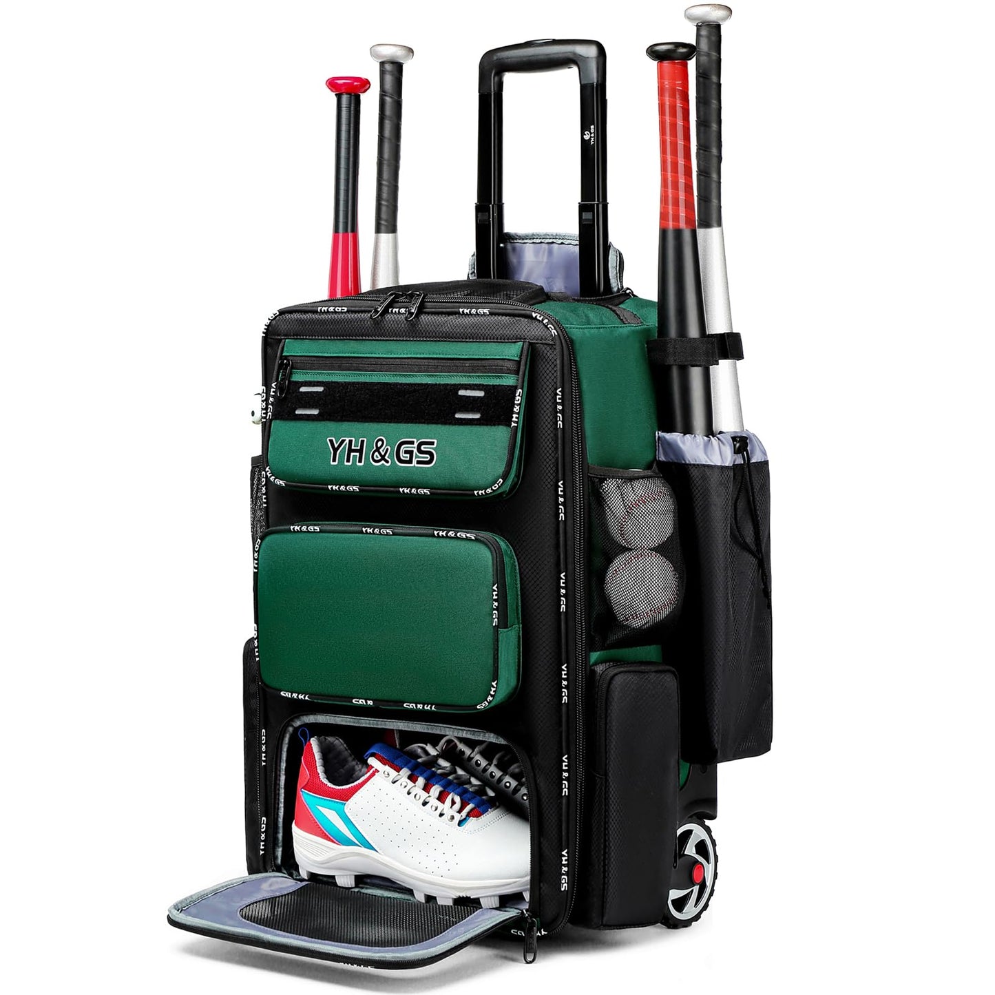 Rolling Baseball Bag,Wheeled Softball Bag with Fence Hook for TBall Bat & Equipment,Lightweight Baseball Bat Bag with Shoe Compartment Green