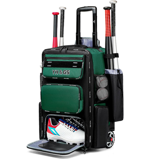 Rolling Baseball Bag,Wheeled Softball Bag with Fence Hook for TBall Bat & Equipment,Lightweight Baseball Bat Bag with Shoe Compartment Green