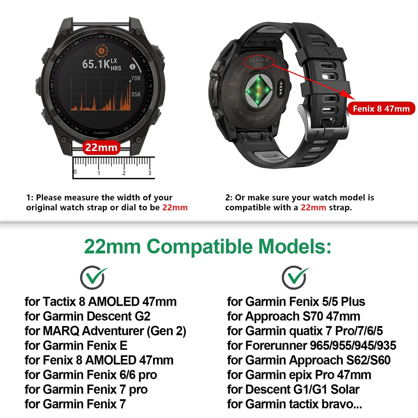 EZMVZKU 22mm Quickfit Sport Band for Garmin Fenix 8 47mm/Fenix 7/7 Pro/6/6 Pro/5 Plus,Silicone Watchband Strap for Forerunner 970 965 955/Approach S62/S70/quatix 8/tactix 8 47mm/Descent G2/G1 Solar