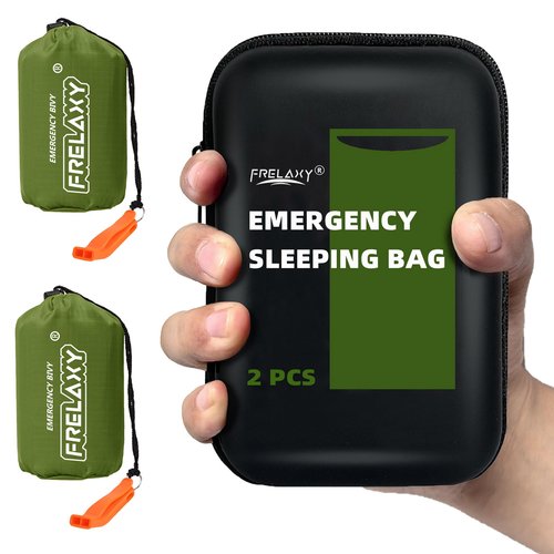 Frelaxy Emergency Sleeping Bag 1-Pack/2-Pack, Extra-Thick Compact Survival Bivy with Whistle, Storage Pouch, and EVA case, Perfect for Survival Kits (Army Green - 2 Pack)