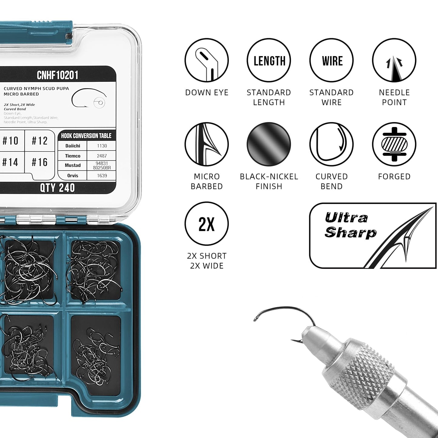 SF 10# 12# 14# 16# Fly Tying Hooks Kit Assortment Micro Barbed High Carbon Steel Standard Dry Curved Nymph Scud Pupa Fly Fishing Hook 240Pcs with Waterproof Magnetic Hook Box
