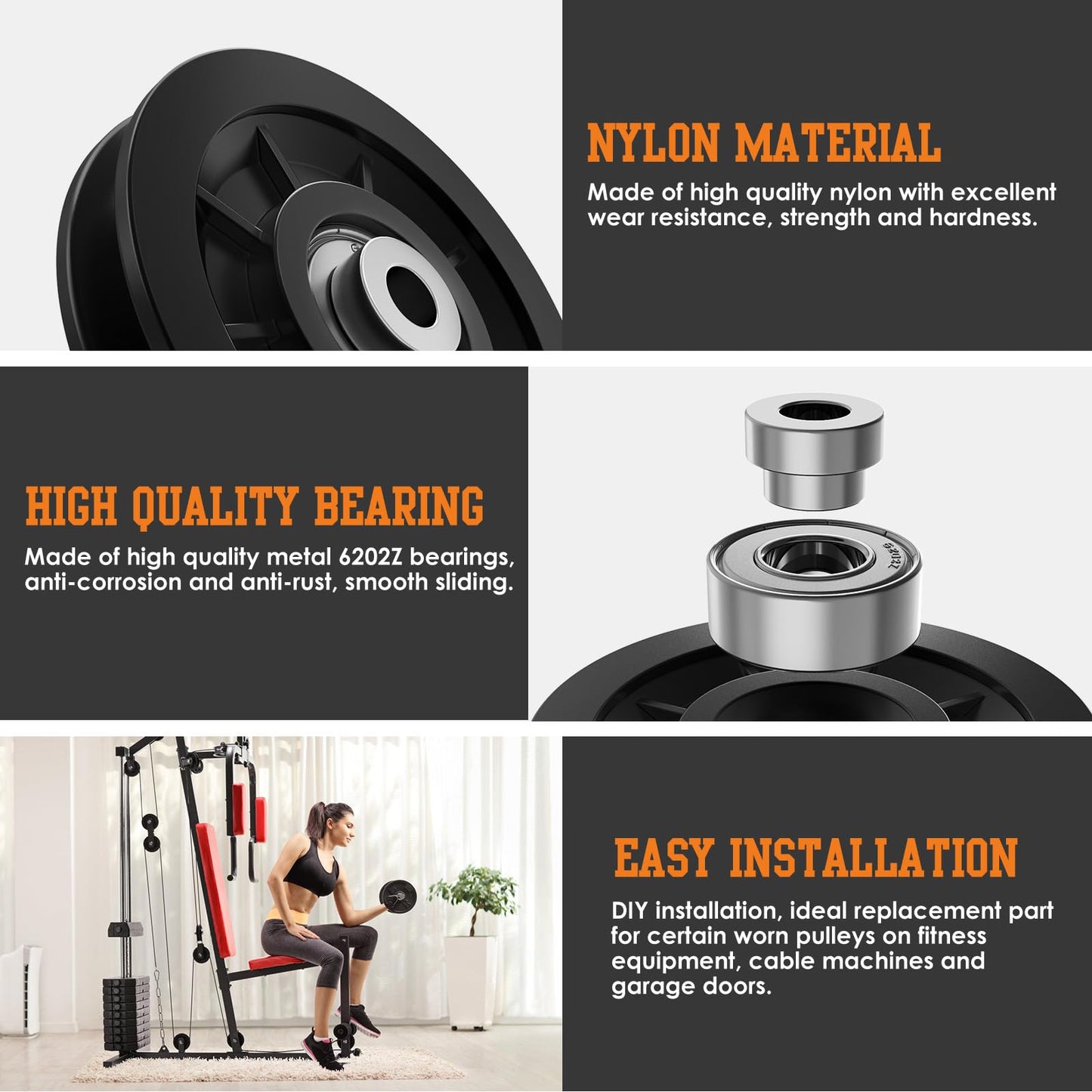 Anobeyi 90mm/3.5" Nylon Bearing Gym Pulley Wheel, Universal Exercise Replacement Pulleys for Home Gym Equipment Parts, Cable Machine Accessories, Garage Door Wheel System (Black-1pc)