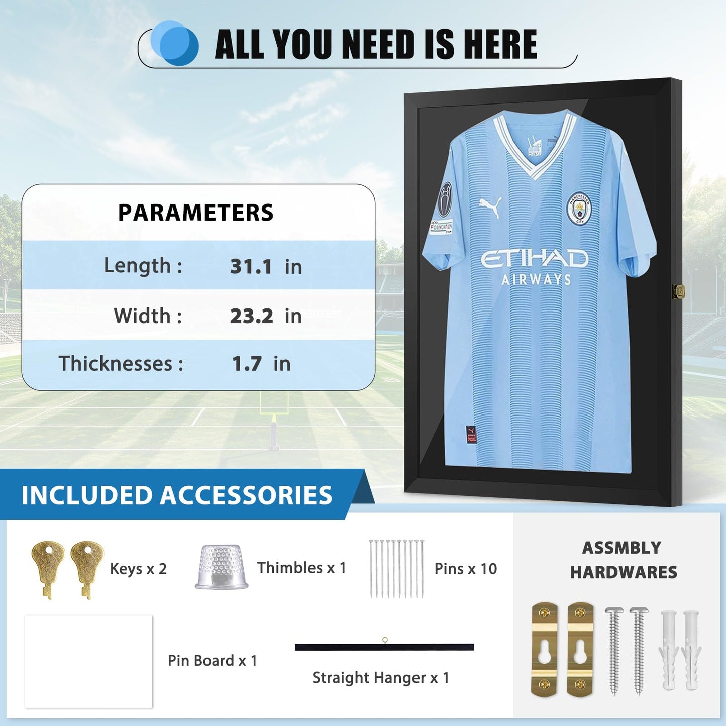 4 THOUGHT Jersey Frame Display Case Large Lockable Jersey Shadow Box Sport Shirt Display Frame with 98% UV Protection Acrylic Door and Hanger for Football Hockey Basketball Baseball Shirt, Black