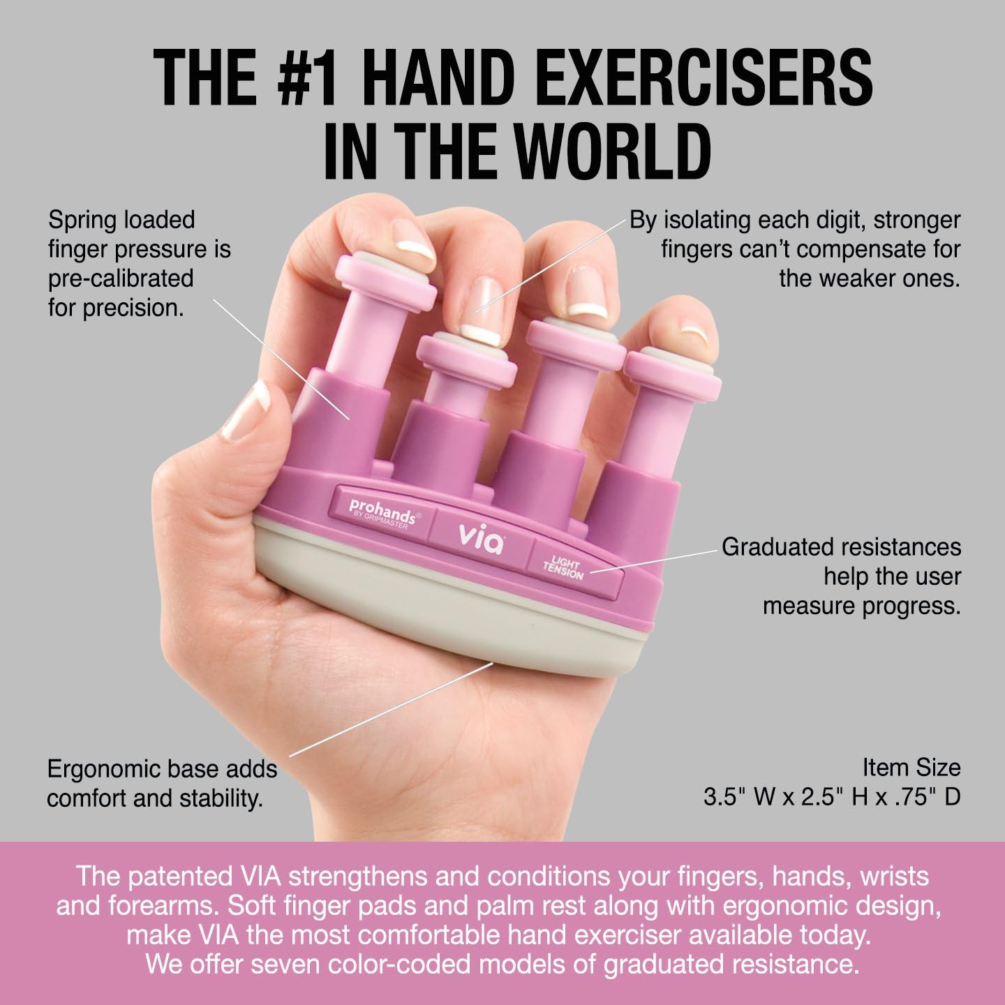 VIA Hand Exerciser, Finger Exerciser (Hand Grip Strengthener), Spring-Loaded, Finger-Piston System, Isolate and Exercise Each Finger