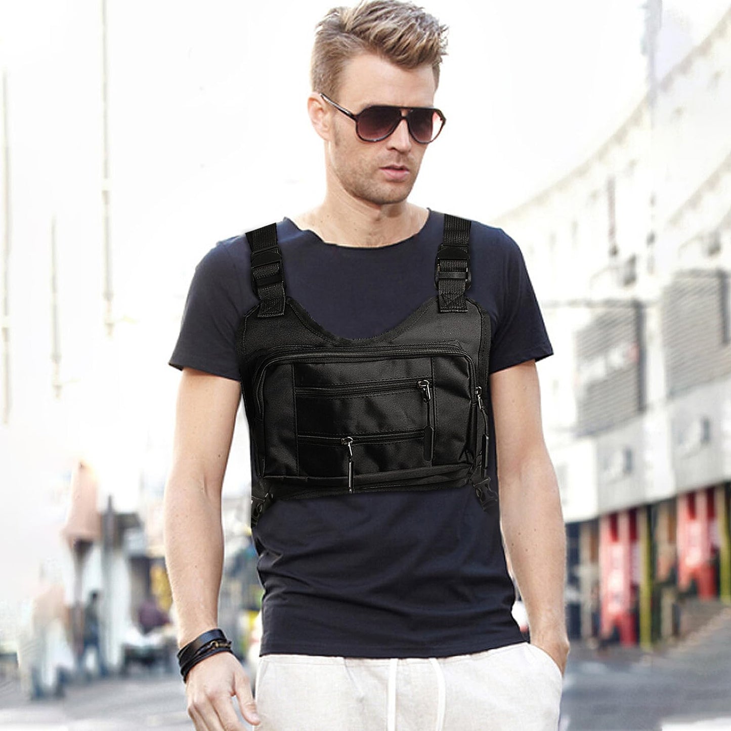 AfitLulu Outdoor Chest Bag for Men, Breathable Tactical Vest with Adjustable Shoulder Straps, Sports Running Vest for Men (Black)