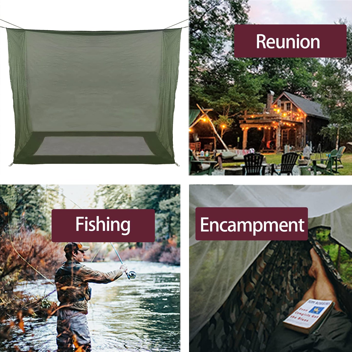 Aventik No-See-Um Premium Rectangular Camping Mosquito Net, The Ultra-Fine Mesh Olive-Green Easy to Carry&Easy Installation for Double Bed, Hammocks or Camping Use (82x40x69in/208x100x175cm)