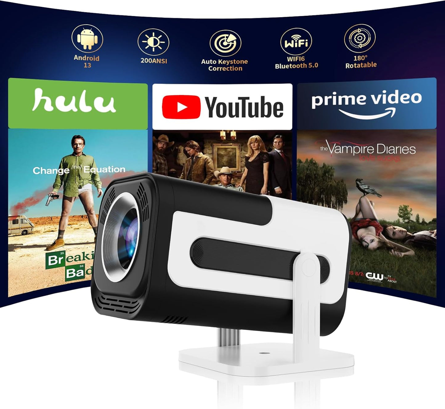 Mini Projector, HY300 PRO Portable Projector, Support 4K 1080P with Dual-Band WIFI6 5G Wireless 5.0 Bluetooth Android 11, 180° Rotatable, Auto Keystone Correction, 35"-130" Screen Video Projector