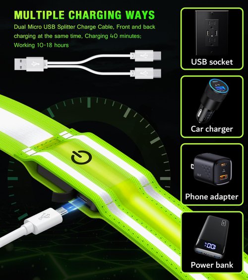 LED Reflective Running Gear High Visibility Reflective Belt Sash with Armband for Walking at Night,Adjustable Running Safety Gear Light Up Running Belt for Runners Walkers Men Women (Green)