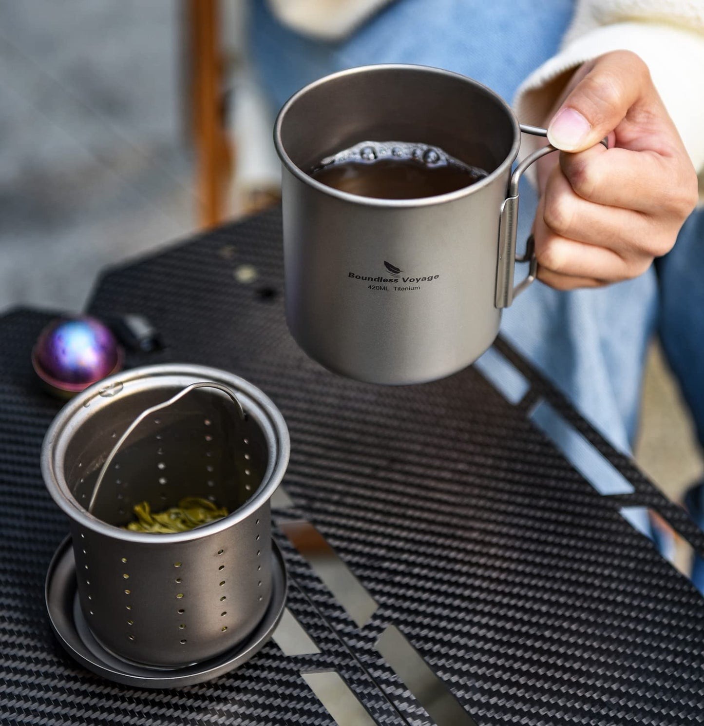 Boundless Voyage Single Layer Titanium Cup Portable Camping Picnic Water Cup Mug with Foldable Handle Lightweight Tea Cup with Tea Filter 420ml/14.2 fl.oz(Ti3054D)
