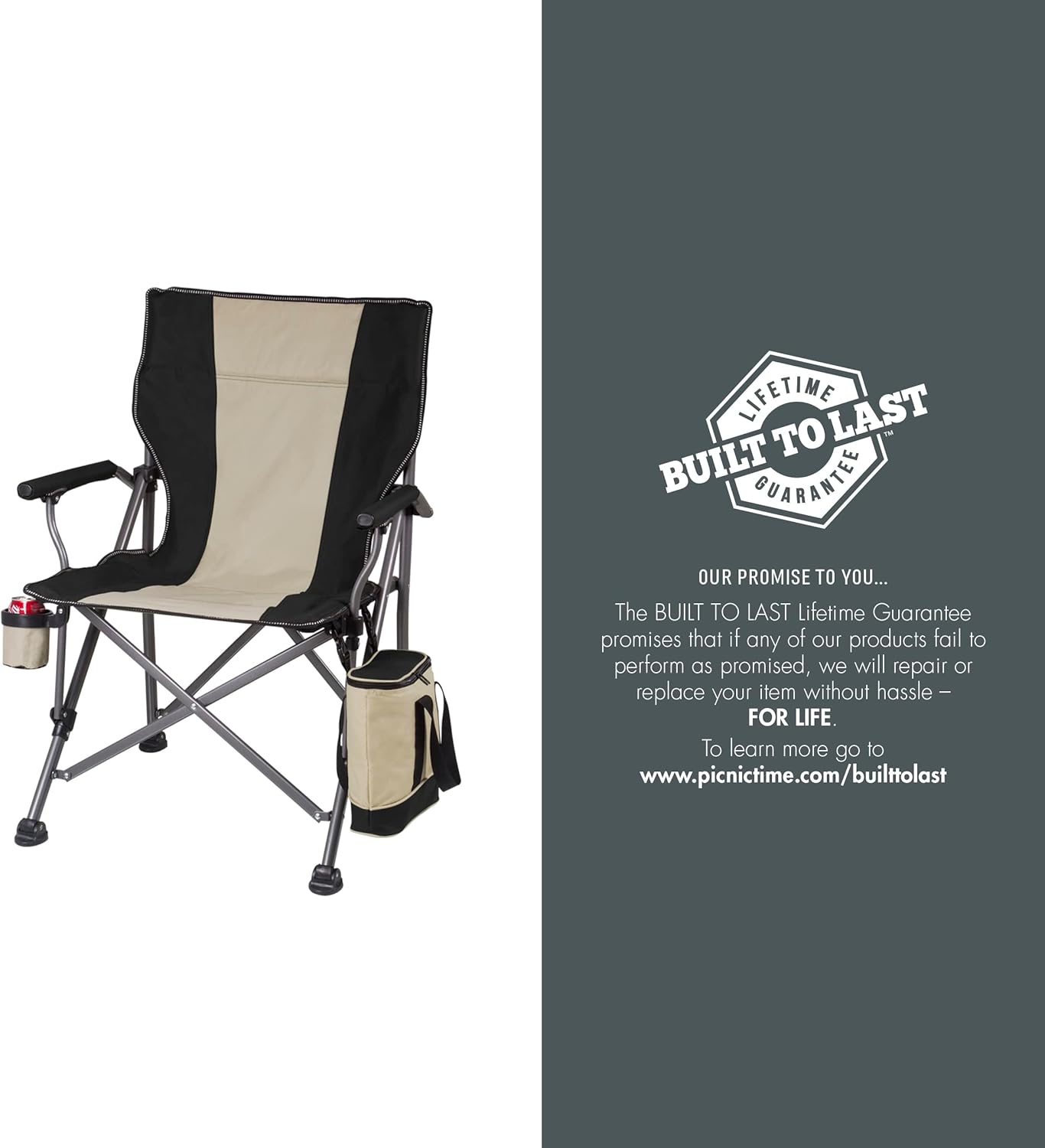 PICNIC TIME Outlander XL Heavy Duty Folding Camping Chair with Insulated Cooler, Oversized Portable Lawn, Beach & Camp Chair with Cup Holder, Storage Pocket, Carry Bag, 400 lb Capacity (Black)