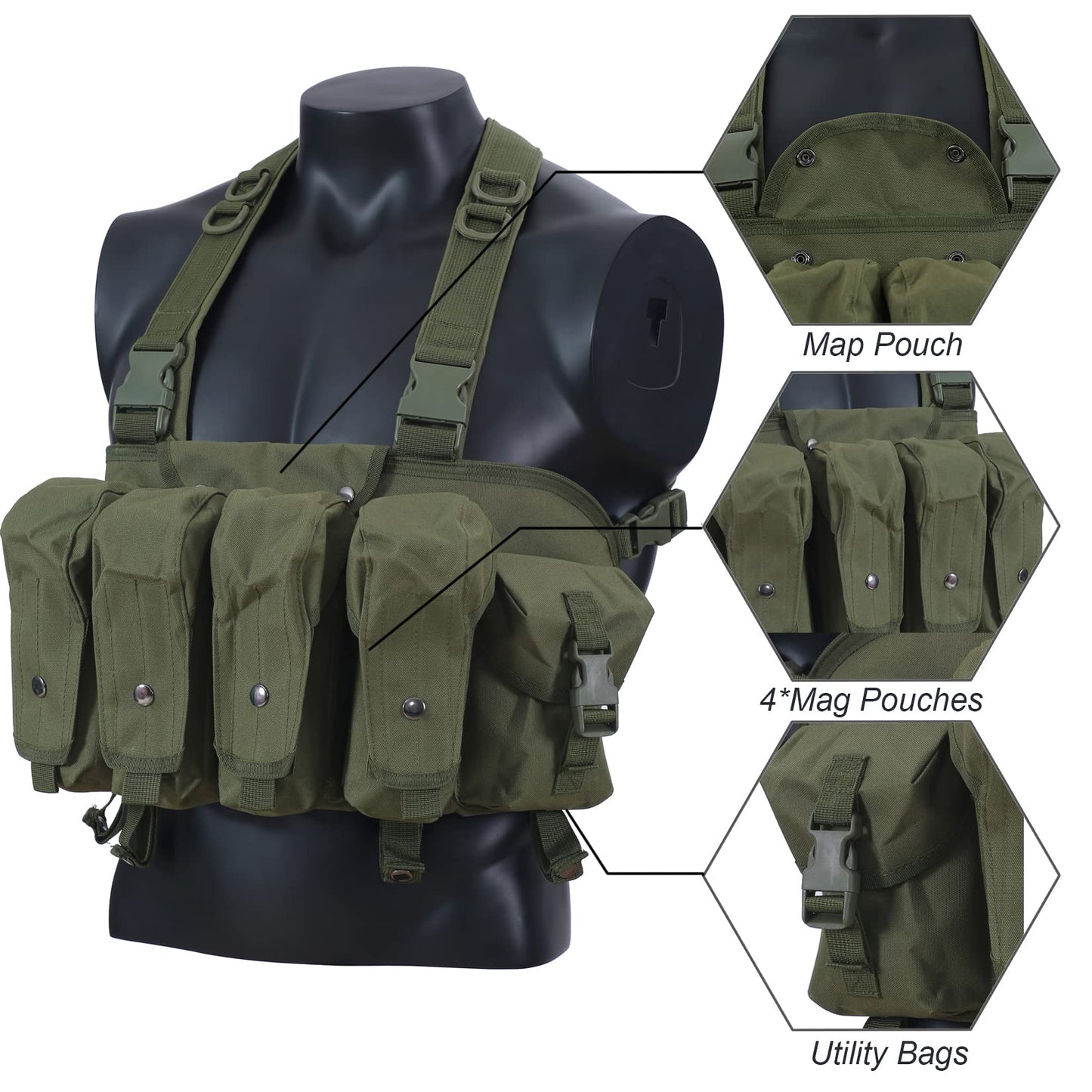 7 Pockets Tactical Chest Rig Vest Adjustable&Detachable Molle Chest Rigs with Mag Pouch X Harness for Men Women (Green)