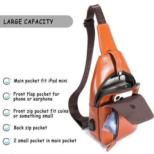 Cross Body Bag Genuine Leather Sling Bags for Men Shoulder Bag with USB Charging Port Backpack for Travel (Tan)