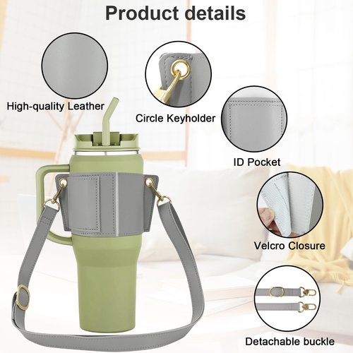 Stanley Cup Holder with Strap,Leather Carrier Strap for 40 oz 30 oz Stanley Cup Accessories, Credit Card Holder Keying (Gray)