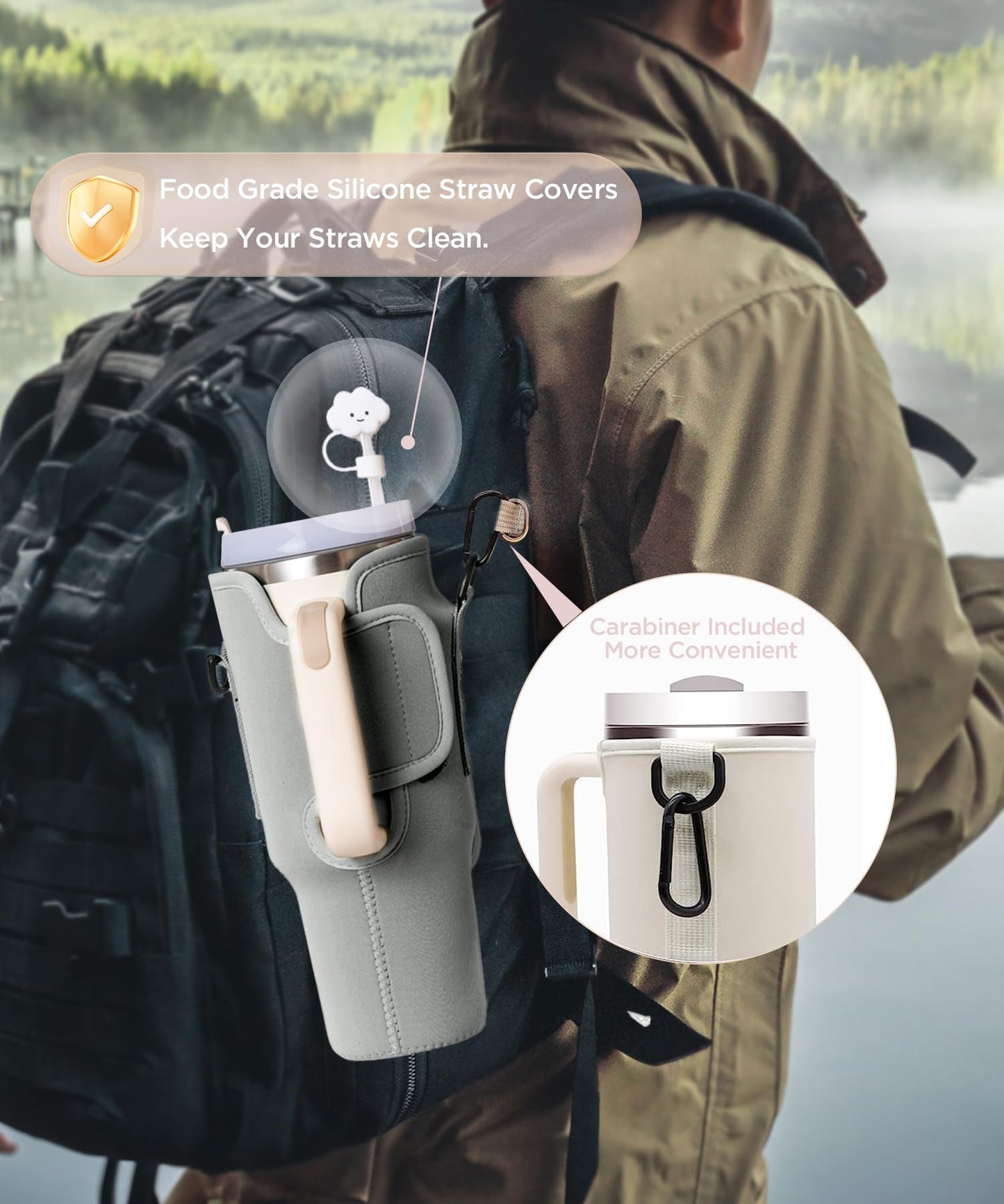 40OZ Water Bottle Carrier Bag with Phone Pocket Gray+Pink Leopard