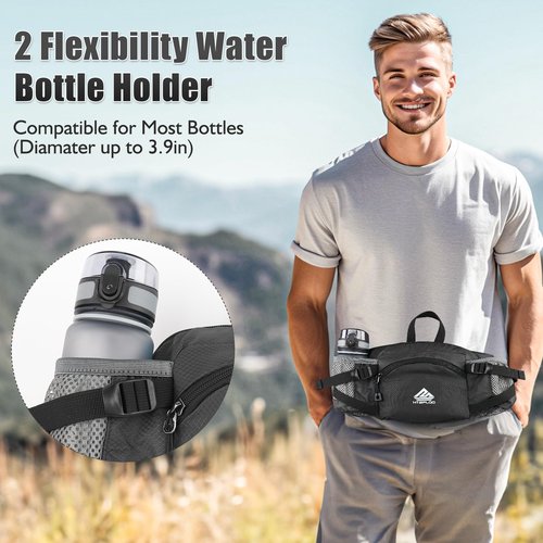 HTZPLOO Fanny Pack Waist Bag with Water Bottle Holder for Men Women Running Hiking Travel Dog Walking Workout Cycling Outdoor (Black)