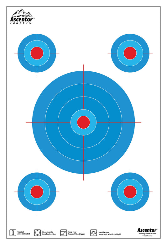 Ascentor Precision Marksmanship Shooting Target for Rifles and Pistols - 5 Aiming Zones - Size 12 x 18 - Pack of 20 - Blue
