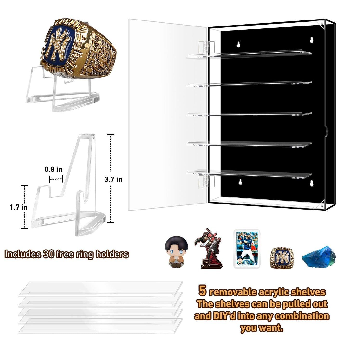 Acrylic Card Display Case ,5 Adjustable Shelves Wall Mount or Tabletop Clear Organizer for Sports Cards, Baseball Championship Rings, Trading Cards, Collectibles, Memorabilia Showcase