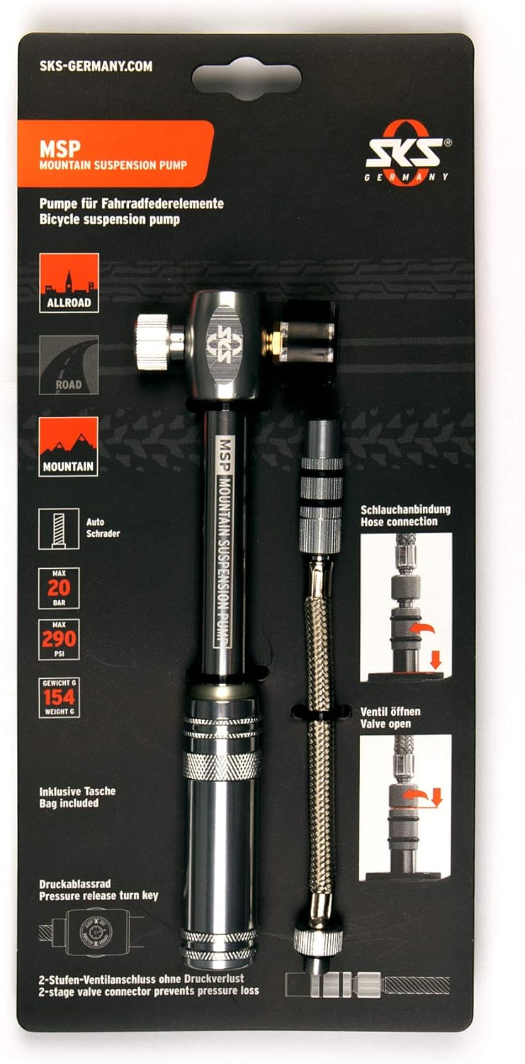 SKS GERMANY MSP Dämpferpumpe (Mountain Suspension Pump), Luftpumpe Fahrrad (Fahrradpumpe mit abschraubbarem Stahlflexschlauch, Druck max.: 20 bar / 290 PSI, Ventilanschluss: AV), Silber, 10 x 3 x 3 cm
