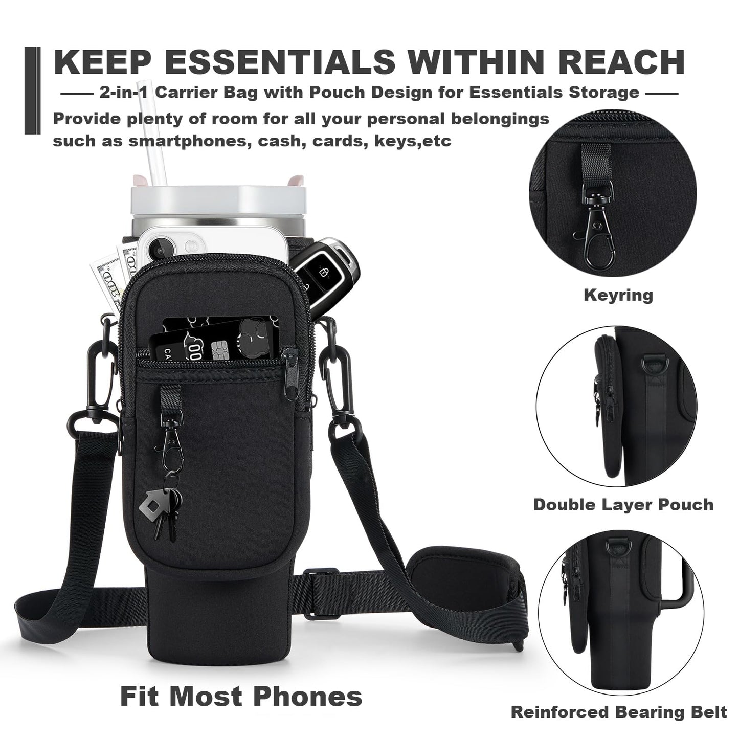 BULKITEM Water Bottle Carrier Bag with Phone Pocket for Black Stanley 40 oz Tumbler with Handle, Black Insulated Neoprene Cup Holder Pouch Strap for Valentines Stanley Cup Accessories
