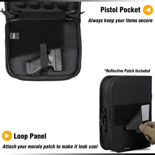 DBTAC Square Pistol Rug Bag | Stiffen Tactical 1x Handgun Firearm Shooting Padded Case with Removable & Reflective Patch (Black, 7" x 6" Small Pistol Case)