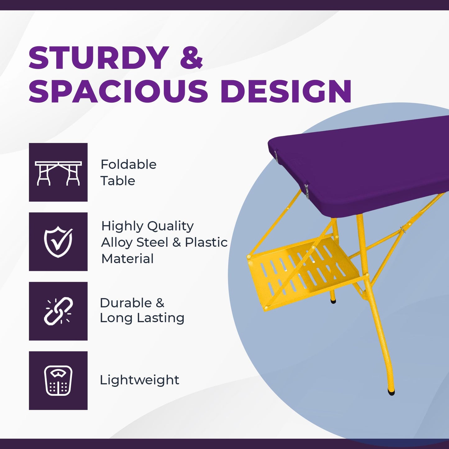 6Ft Rolling Folding Table with Built-in Wheels, Durable Plastic, Team Colors, Easy to Carry, Perfect for Camping, Picnic, Tailgating, Party, Indoor/Outdoor Use (Single Table, Purple/Yellow)