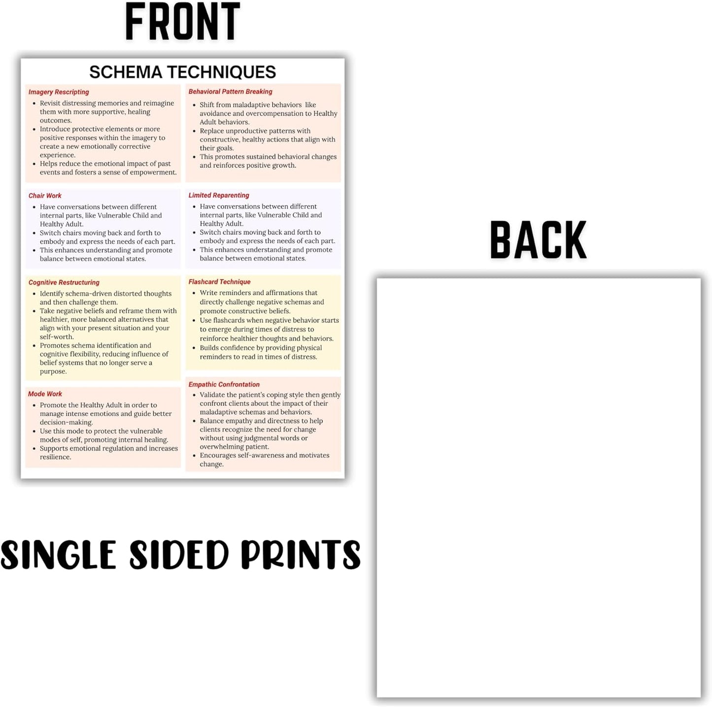 Schema Therapy Cheat Sheets 4pk 8.5x11” Laminated Modes Maladaptive Techniques Therapists Worksheet Resources Psychology Reference Sheet Healing