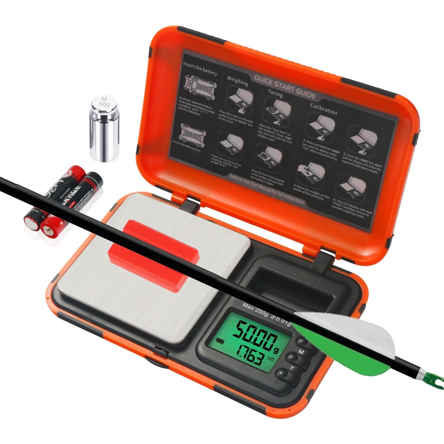 AHOSOUTLY Digital Archery Arrow Scale with Holder - 200g x 0.01g Precision, Dual Units and LCD HD Display, Portable Grain Scale for Arrow Tips & Arrows - Includes Calibration Weights & Batteries