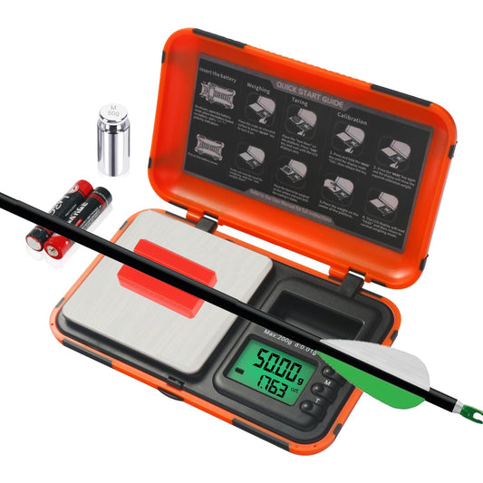 AHOSOUTLY Digital Archery Arrow Scale with Holder - 200g x 0.01g Precision, Dual Units and LCD HD Display, Portable Grain Scale for Arrow Tips & Arrows - Includes Calibration Weights & Batteries
