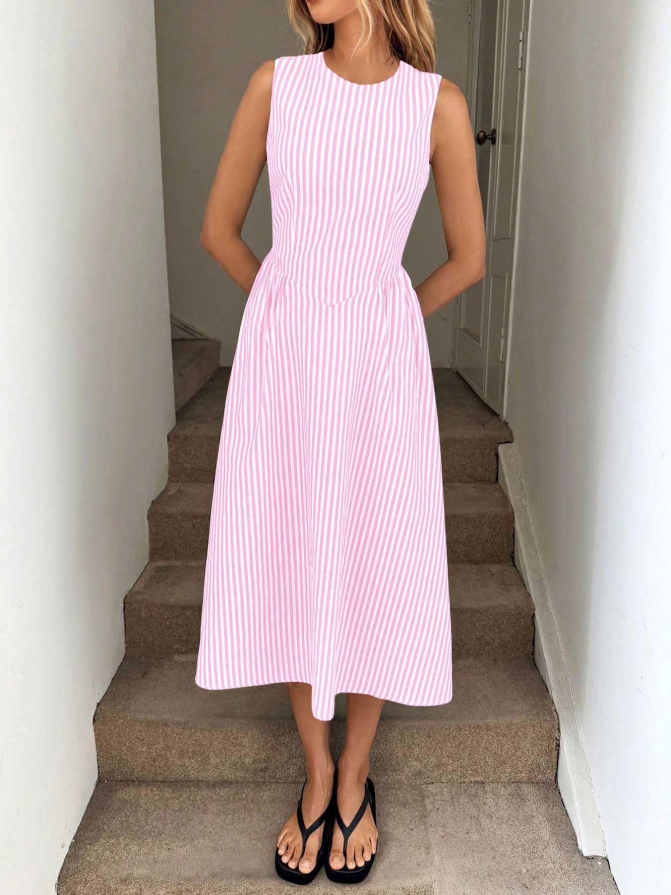 chouyatou Women's Sexy Sleeveless Striped Pleated Dress Drop Waist Flared Swing Midi Long Tank Sun Dress (Medium, Pink)