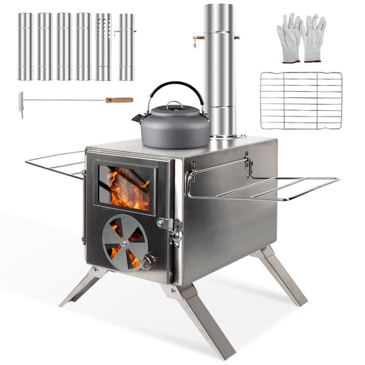 LAMA Stainless Steel Hot Tent Stove - Wood Burning Stove with 6 Chimney Pipes for Tents, Camping, Fishing & Hunting - Portable Outdoor Heating & Cooking, Silver