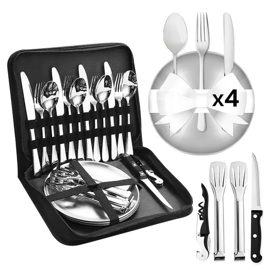Cynrikah Camping Utensils, Camp Supplies 4 Person 20PCS with Spoons Plates Forks Knives in Camp Organizer, Mess Kit of Camping Utensil Set Car Camp Essentials Dishes for Picnic/Hiking(Black)