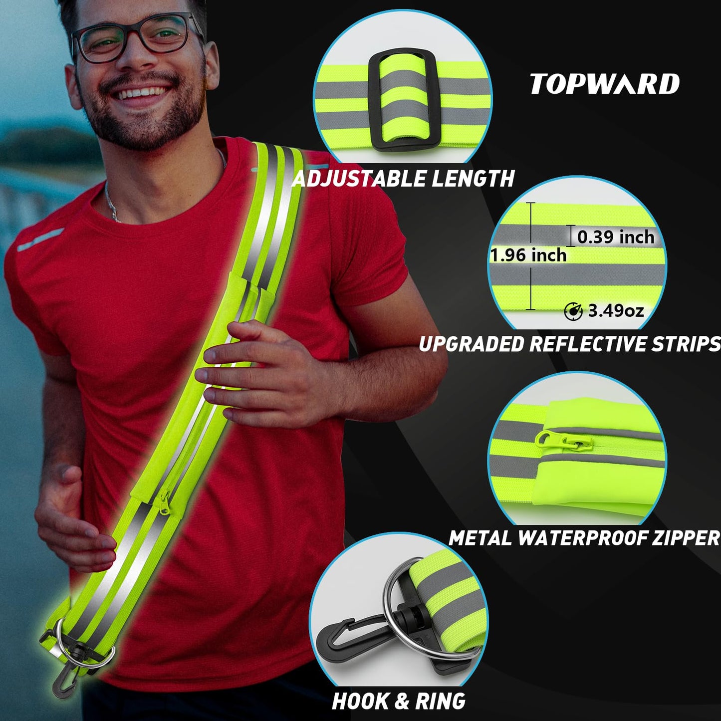 Reflective Sash with Running Belt - Night Walking Safety Gear, Reflective Running Gear for Men Women Kids, High Visibility Reflective Vest with Waterproof Running Phone Holder - Adjustable & Durable