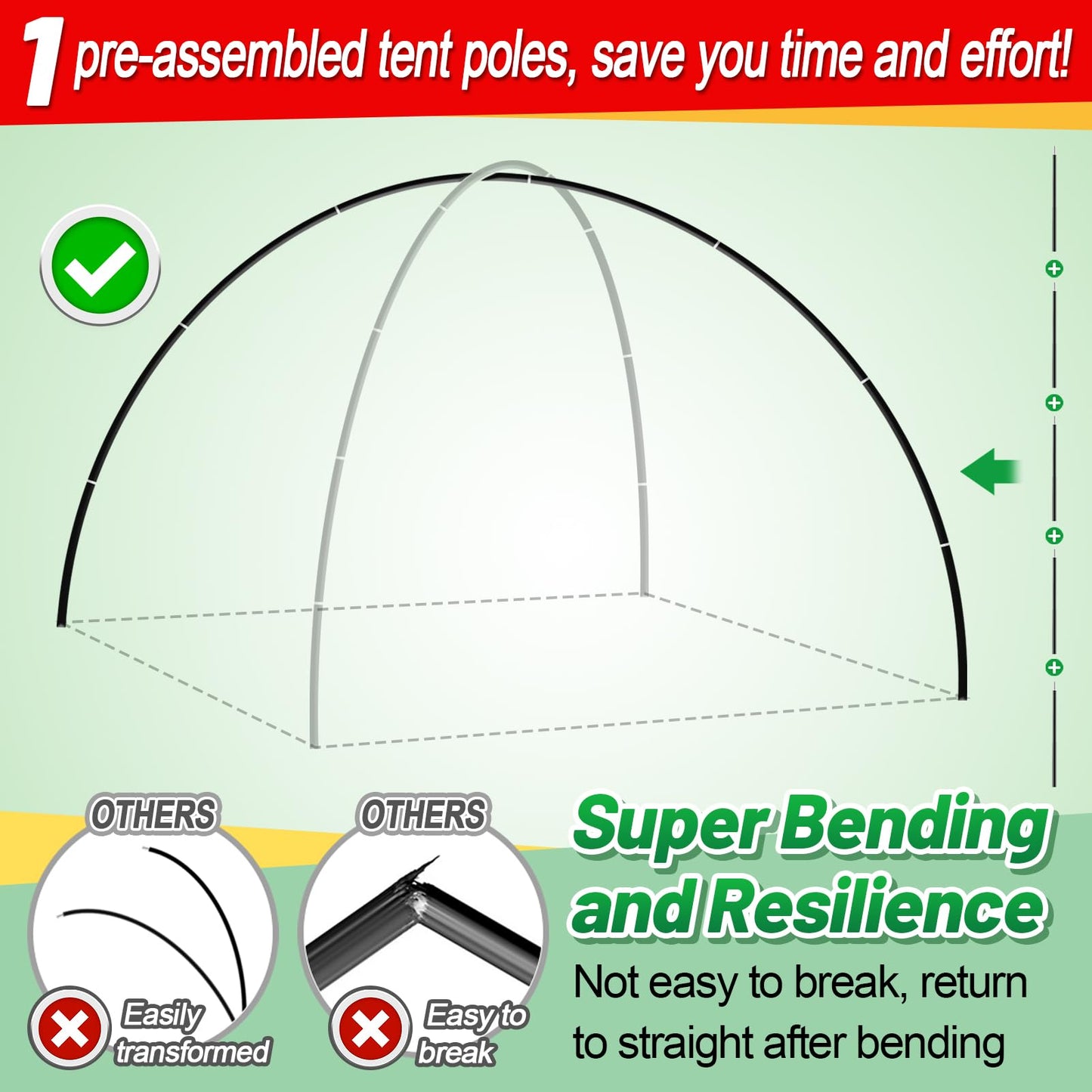 Aluminum Tent Poles Replacement - Pre-Assembled Tent Poles Stakes, Fits Both Female and Male Ends - Lightweight Tent Pole Repair Kit for Hiking Camping Backpacking Tent, 20FT