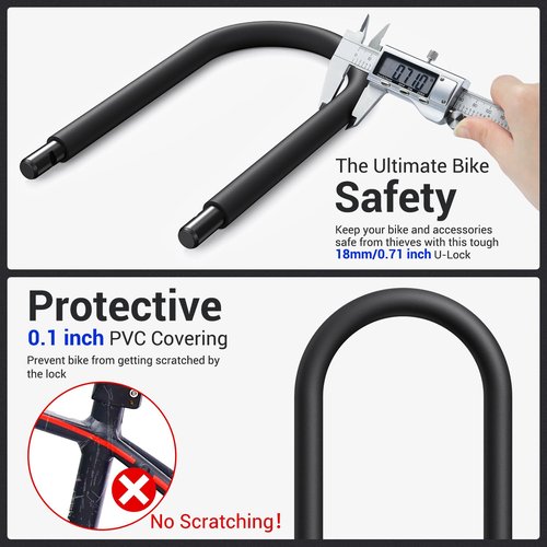 Sportneer Bike U Lock - 18mm Shackle Heavy Duty Bike Lock with 6ft Security Cable - Bicycle U-Locks with Sturdy Mounting Bracket for Road, Mountain, Electric and Folding Bike, Size 9.85''x6.3''