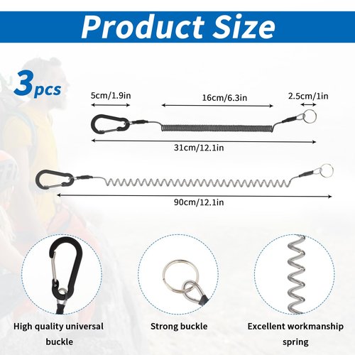 Sliverdew Retractable Safety Coiled Lanyard, 3-Pack Heavy Duty Steel Wire Coiled Key Lanyard with Aluminium Alloy Clip and Key Rings - Kayak Fishing & Boating