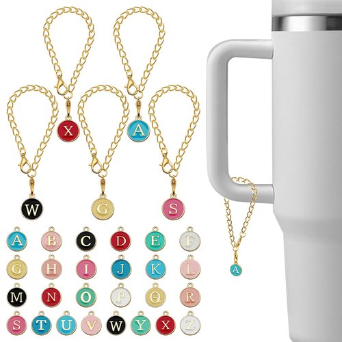 Oubaka Letter Charm Accessories for Stanley Cup,6pcs Initial Chain with 26pcs A-Z ID Initial Letter Charm Personalized Water Bottle Charms for Stanley Tumbler Handle Charms
