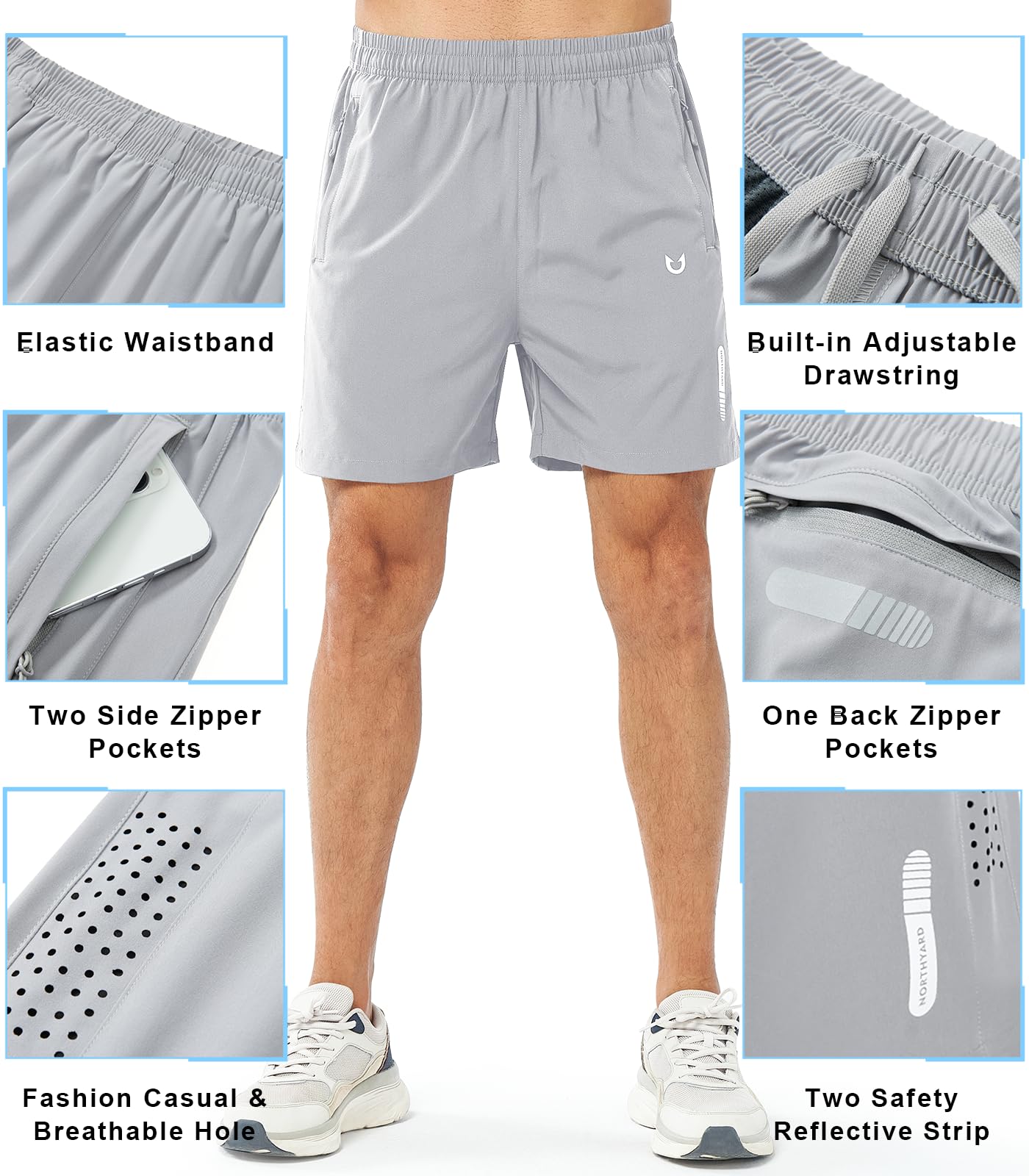 NORTHYARD Men's Athletic Running Shorts Gym Workout 7"/9"/5" Quick Dry Lightweight Sports Basketball Tennis 3 Zipper Pockets GREY-5inch 4XL
