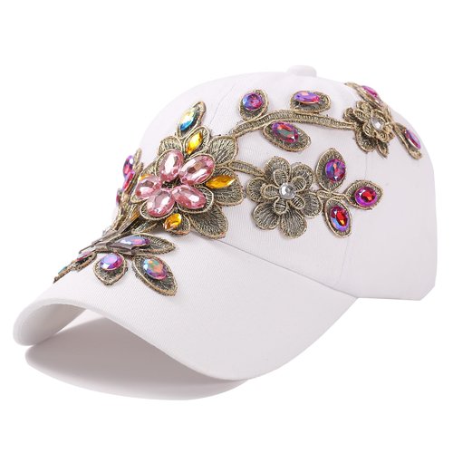 Women Rhinestone Baseball Cap Bejeweled Bling Cap Distressed Denim Sun Hat Adjustable (D-White)