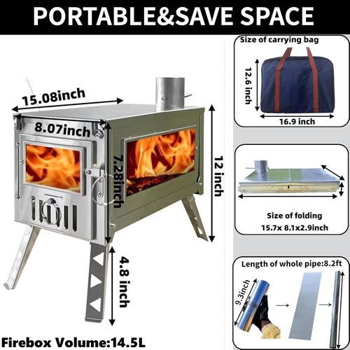 DANCHEL OUTDOOR HS6 Hot Tent Stove with Secondary Combustion & Viewing Window, Portable Camping Wood Stove 304 Stainless Steel with 8.2ft Pipe for Winter Cooking, Hunting