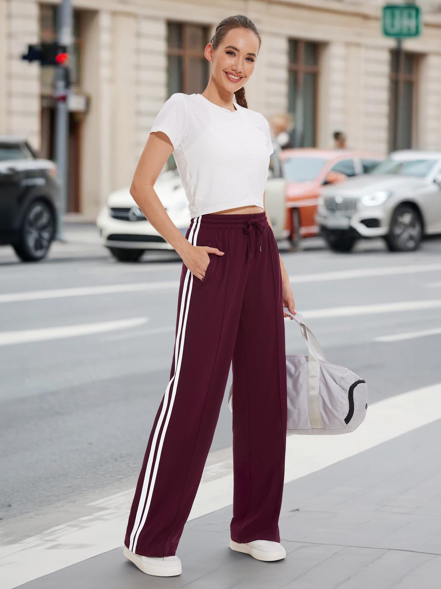 Tapata Women's 30" Inseam Regular Track Pants Loose Straight Leg Jogging Sweatpants Warm-Up Sports Athletic Running, Burgundy, M