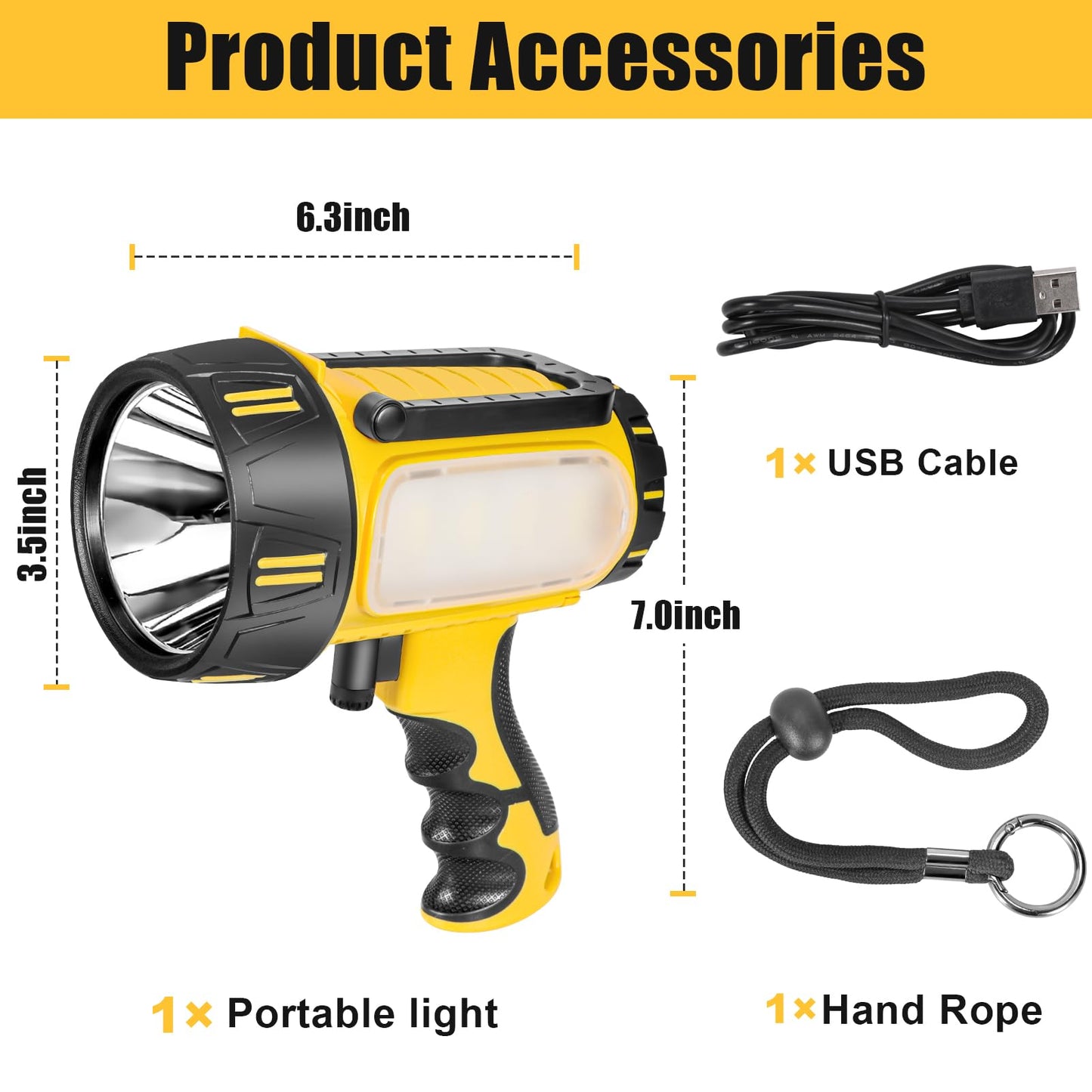 WEILAI Super Bright Rechargeable Spotlight Handheld Rechargeable LED Flashlight Tactical Searchlight with USB Output 6 Light Modes Camping Light (Yellow)
