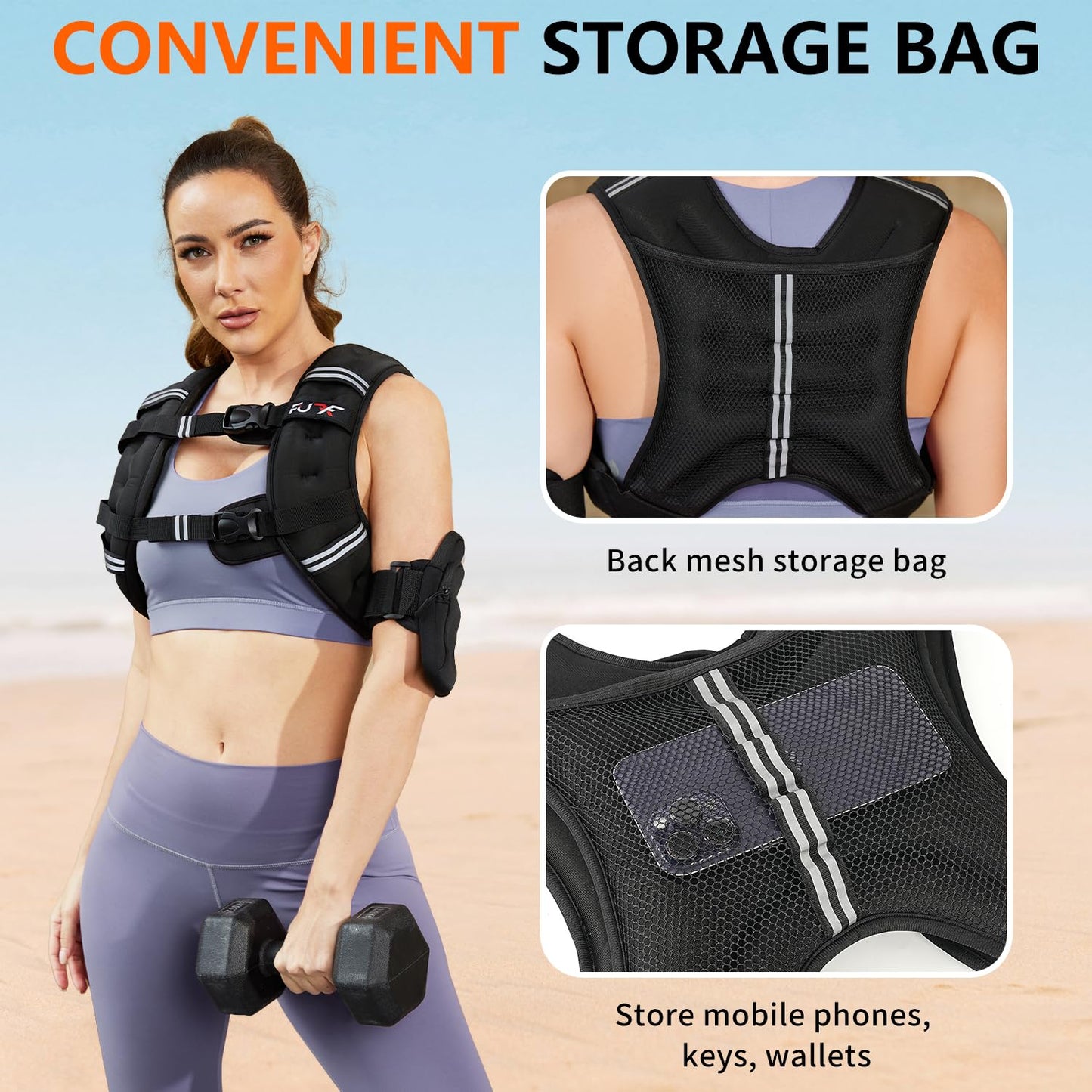 FUFF Weighted vest woman - 15lb Weights with Reflective Stripe, Weighted Vest for Men Women Strength Training Running Walking Jogging