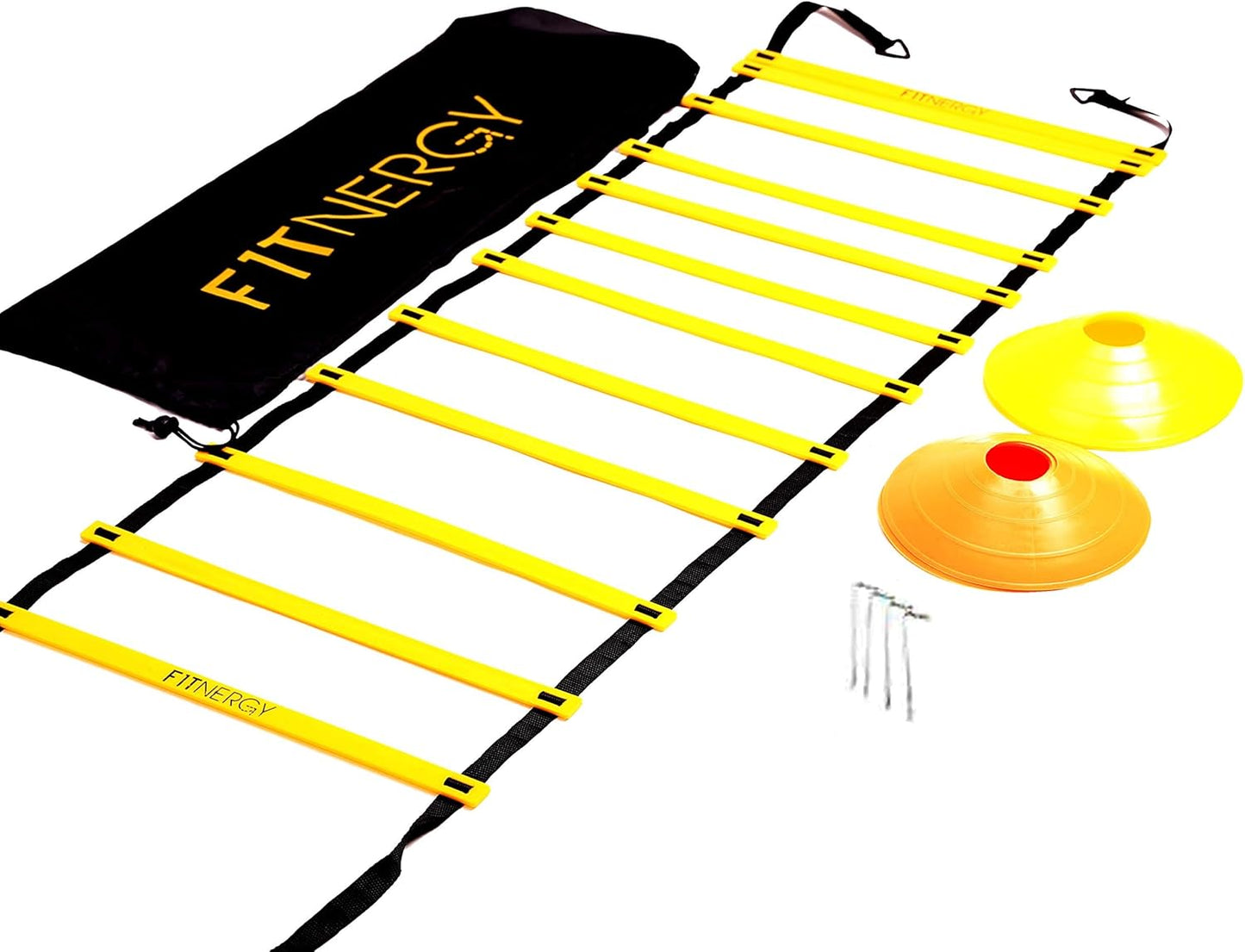 Speed and Agility Ladder Training Equipment Yellow 12 Rung Ladder Free Carrying Bag + 10 Speed Cones (5 Orange + 5 Yellow) + 4 Pegs & D-Rings Soccer Football