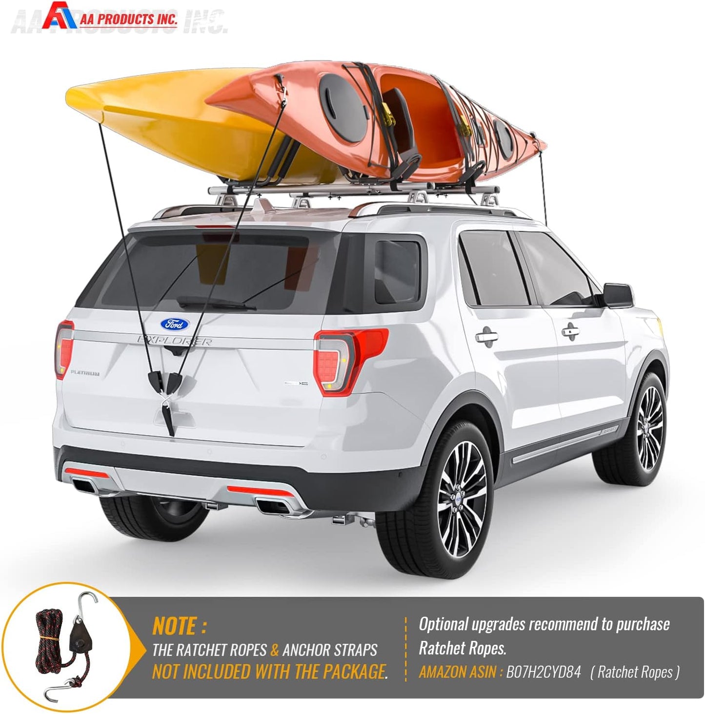 AA-Racks 2 Pair J-Bar Rack for Kayak Carrier Canoe Boat Paddle Board Surfboard Roof Top Mount on Car SUV Truck Crossbar with 16 Ft Ratchet Lashing Straps