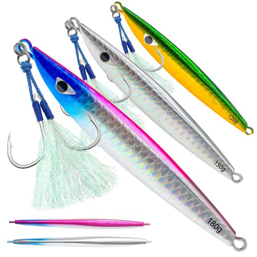 FREGITO Fishing Jigs Vertical Saltwater Jigs Vertical Jigging Spoon Fishing Tuna Lures Boat Fishing Artificial Lures for Tuna, Grouper, Dogtooth, Snapper, Bass, Salmon 3pcs-(120g/150g/180g)
