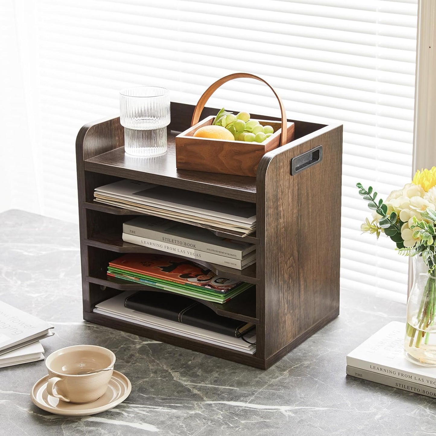 YMYNY Desktop File Organizer with Handle, Document Letter Mail Tray Sorter with 3 Adjustable Shelves, 5 Tiers Paper Holder for School Home Office Desk, Rustic Brown,13.4 * 12.4 * 9.06" UHBC006H