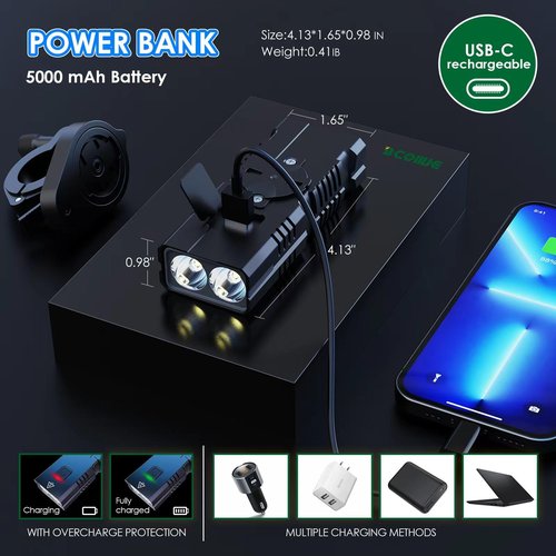 BCOIIUE Bike Headlight Rechargeable,Super Bright 10000 Lumen Night Rider Bike Light 8 Mode,high Lumen Continuous Output Bike Lights Rechargeable,Compatible with Garmin Mount Bicycle Lights Front