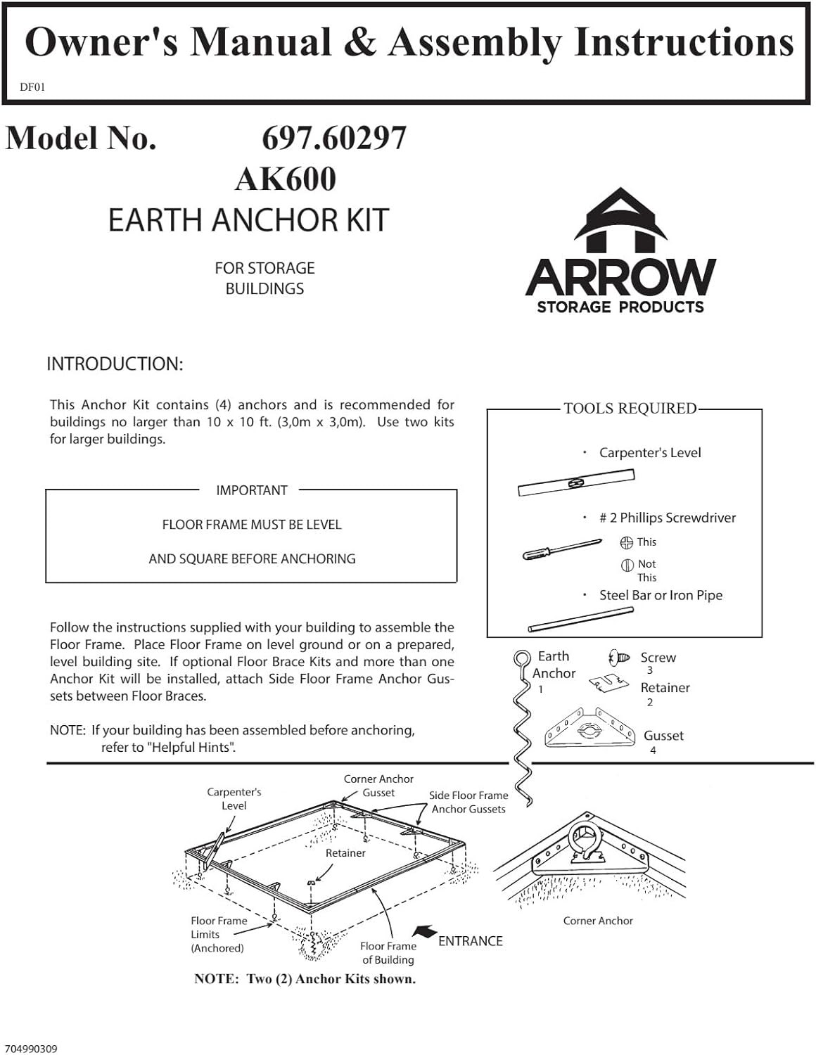 Arrow Shed AK600 Earth Anchor Kit, Steel-stainless
