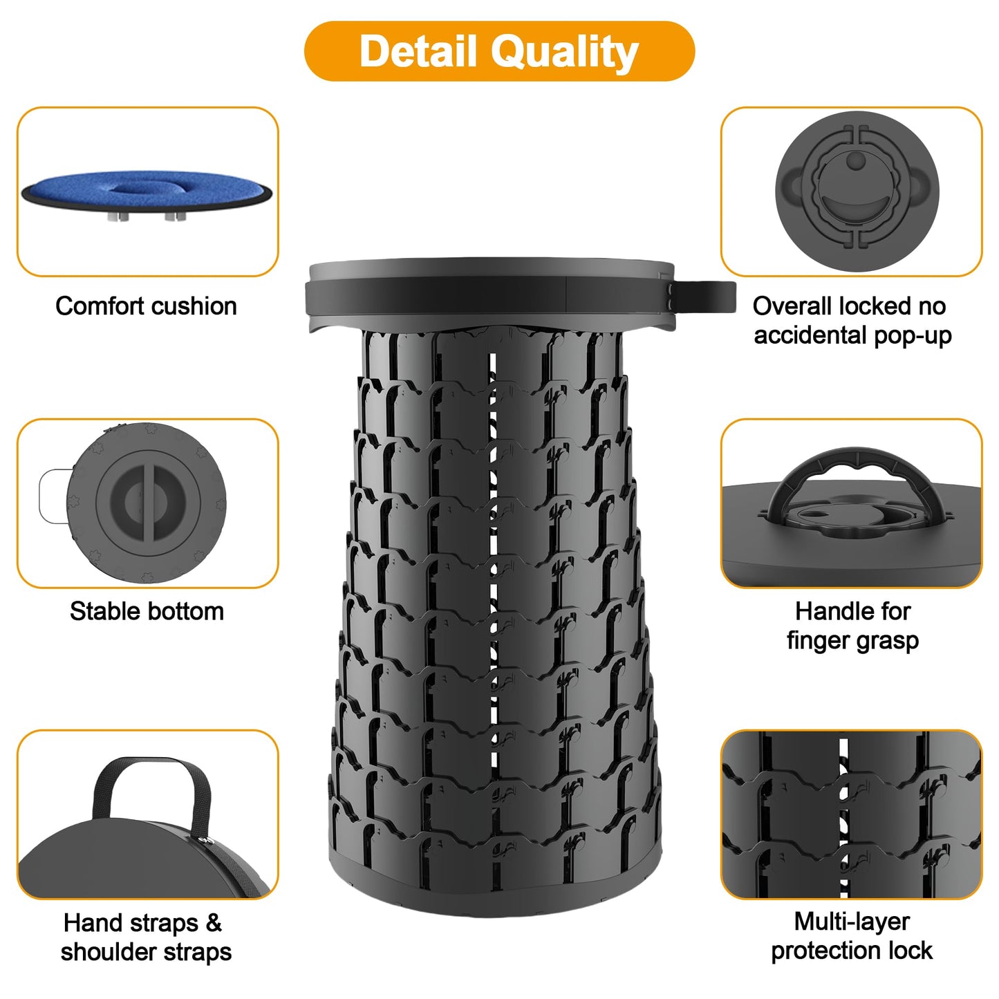 ALEVMOOM Upgraded XXL 19.7" Collapsible Stool, Heavy Duty Portable Folding Stool Max Load 1000 lbs, Retractable Telescoping Foldable Seat for Camping Fishing Hiking Travel BBQ