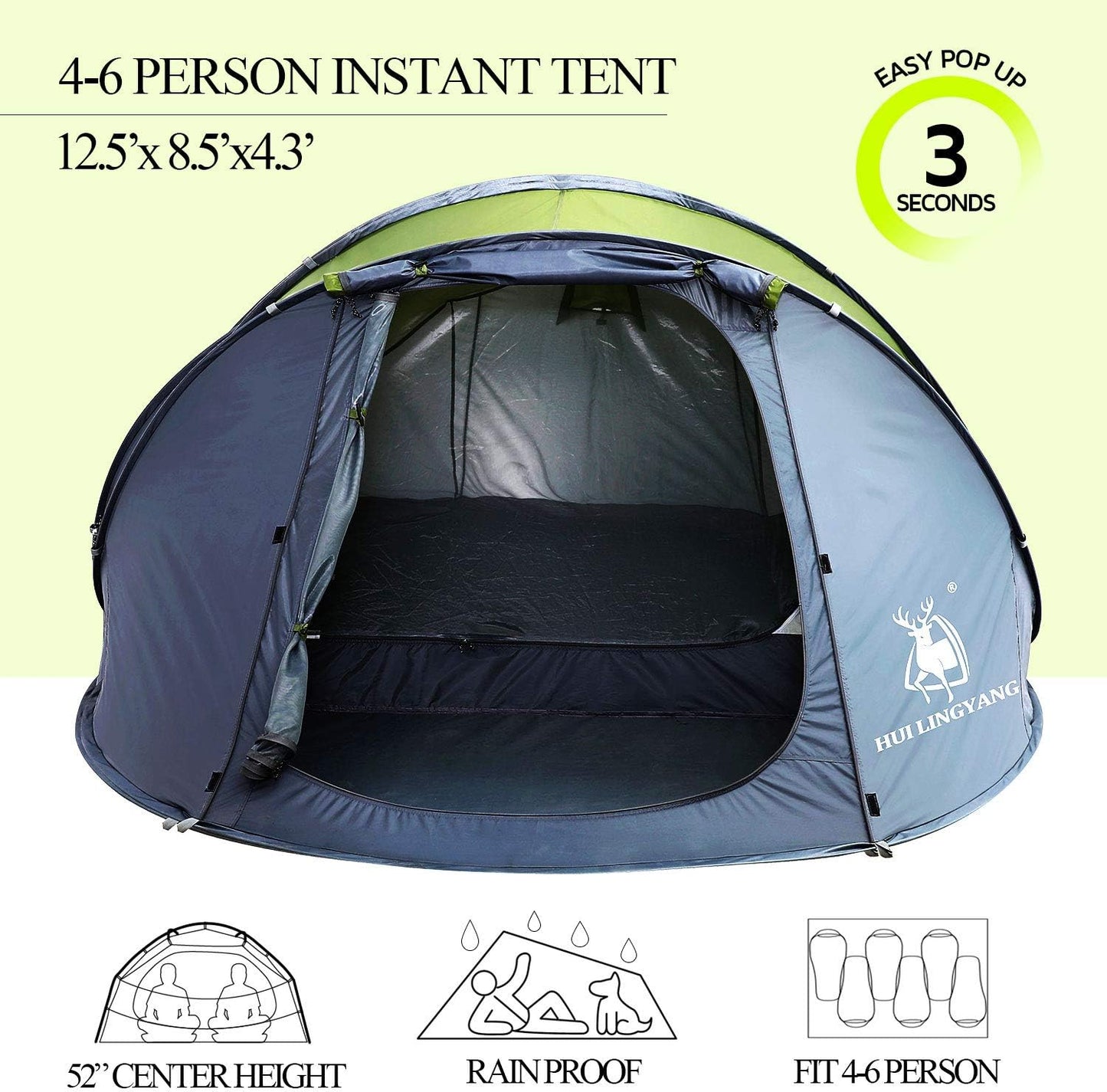 6 Person Easy Pop Up Tent,12.5’ x 8.5‘ x53.5,Automatic Setup,Waterproof, Double Layer,Instant Family Tents for Camping,Hiking & Traveling